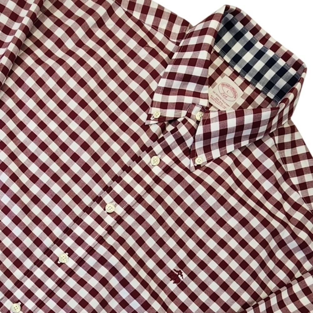 Brooks Brothers 346 Mens Large Burgundy Gingham Non-Iron Supima Cotton Shirt